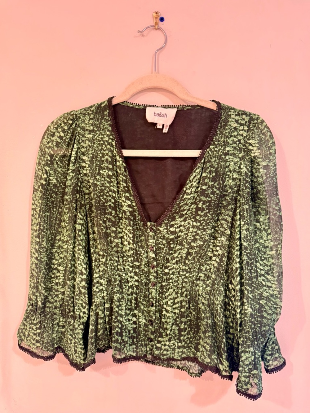 ba&sh Green Printed Peplum Blouse Small - Picture 7 of 10